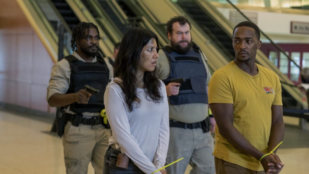 Tahj Vaughans, Stephanie Beatriz, Mike Mitchell, and Anthony Mackie in 'Twisted Metal'