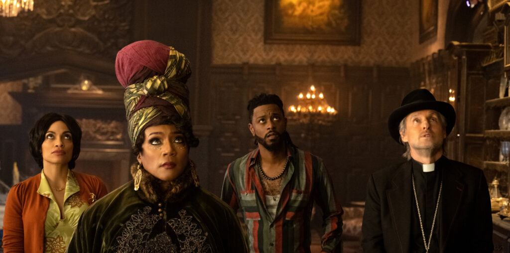 Rosario Dawson, Tiffany Haddish, LaKeith Stanfield, and Owen Wilson in 'Haunted Mansion'