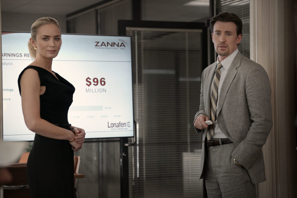 Emily Blunt and Chris Evans in 'Pain Hustlers'