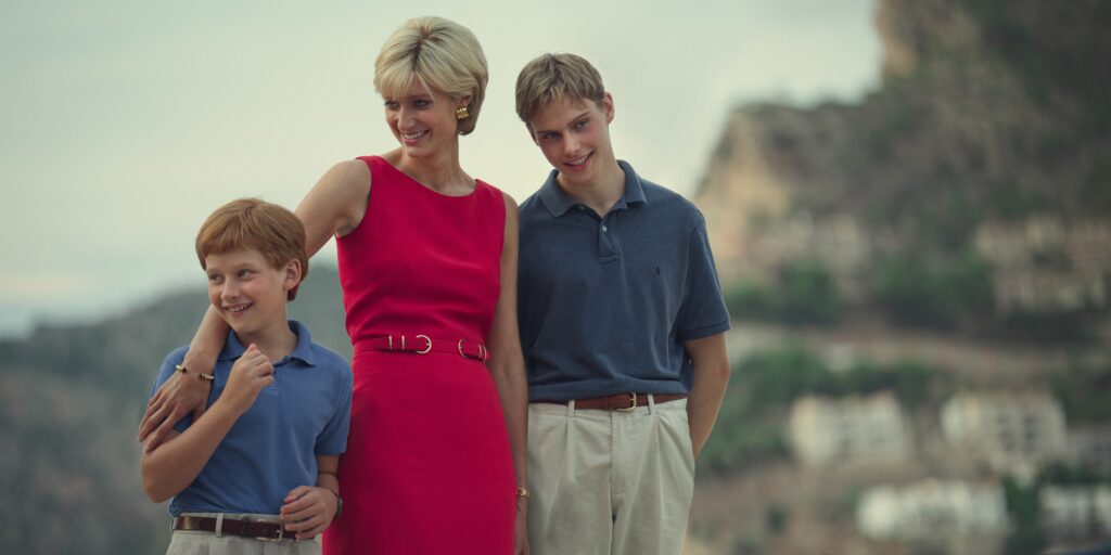 Fflyn Edwards, Elizabeth Debicki, and Rufus Kampa in 'The Crown'